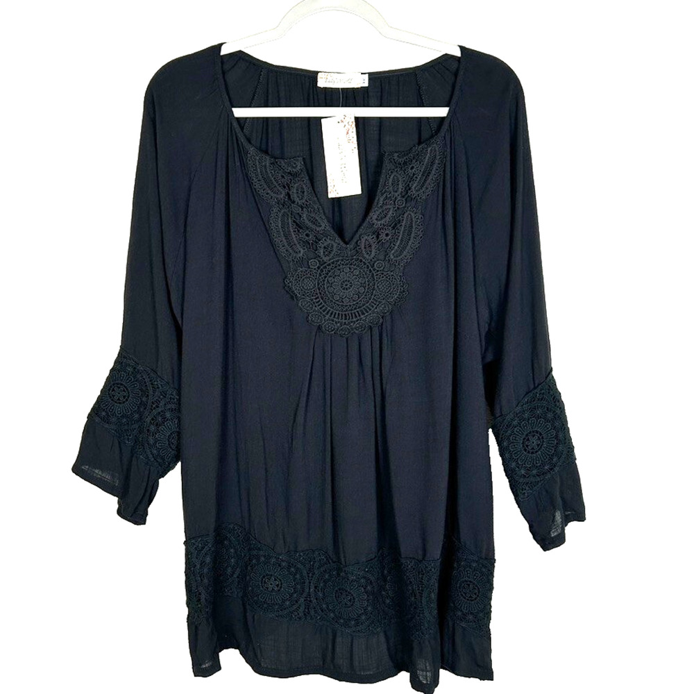 Lady's World Womens Sz XXL NWT v-neck peasant tunic 3/4 sleeve lace whimsigoth